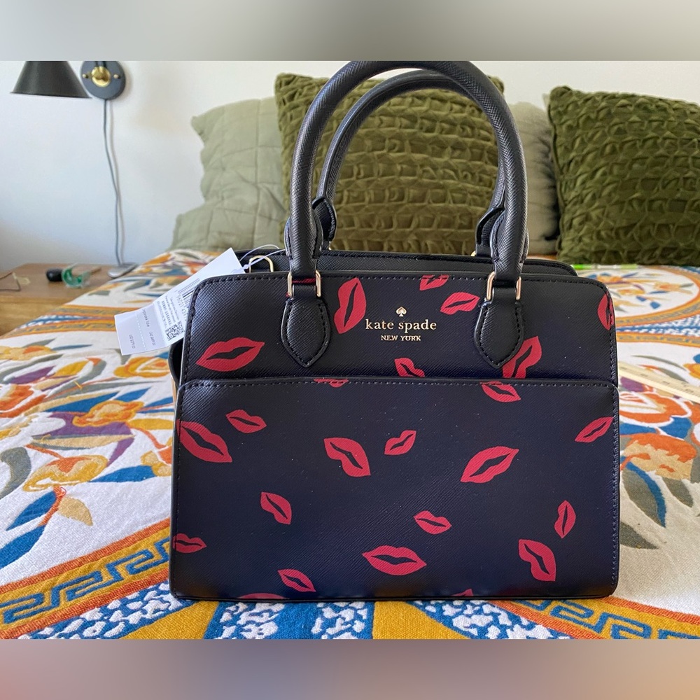 Kate Spade Black Satchel/Crossbody with Red Kisses, NWT